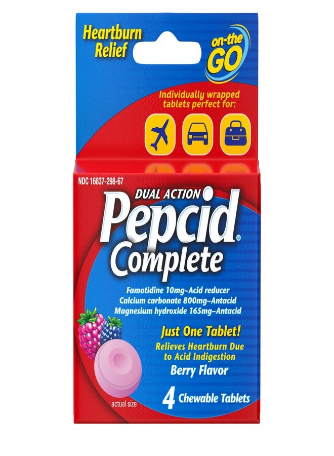 Pepcid Complete Acid Reducer + Antacid for Acid Reflux, 10mg Famotidine, 800mg Calcium Carbonate & 165mg Magnesium Hydroxide per Antacid Chew, Individual Packets, Berry Flavored, 4 ct - Image 1